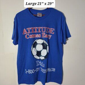 Vintage 90s "Attitude Comes Easy" Soccer Blue Large T-Shirt Single Stitch